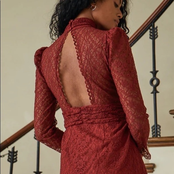 Saylor Lace Mockneck Long Sleeves Mini Celia Dress in Russet Size Medium - Picture 3 of 10